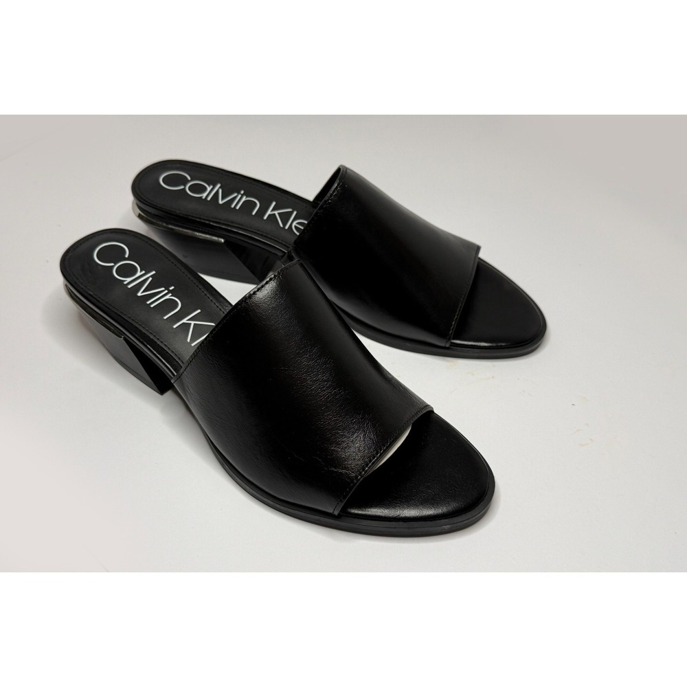 Calvin Klein Narissa Black Leather Slide Sandals Womens 10M‎ Block Heel Minimal